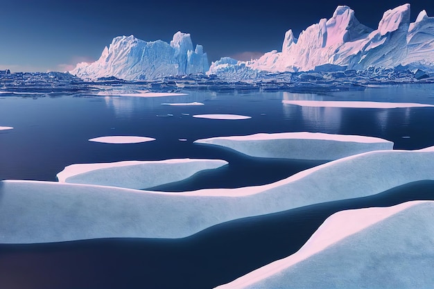 Landscape with white mountains snow and ice on the surface of a stormy river 3d illustration