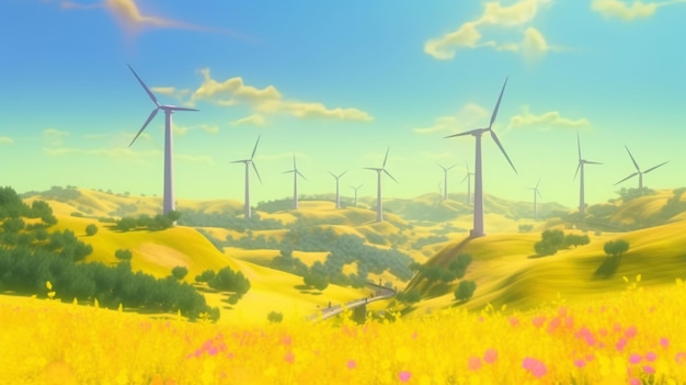 A landscape with wind turbines in the distance