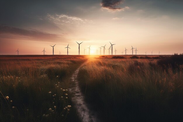 A landscape with wind turbines at sunset