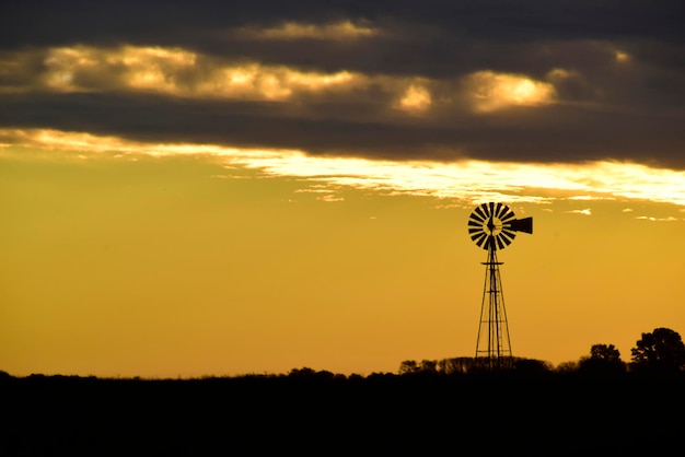 Landscape with windmill at sunset Pampas PatagoniaArgentina