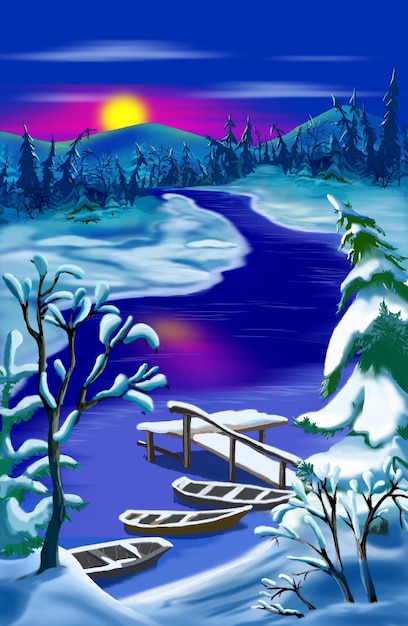 Landscape with winter river at sunset