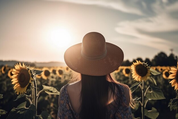 Landscape with woman with hat on her back sunflower field and sky Generative AI