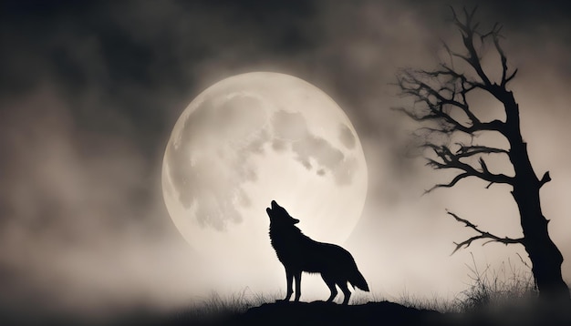 пейзаж волка в лесу ночью с темно-синим туманным фоном с луной