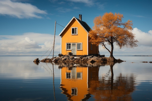 landscape of a yellow house on the lake