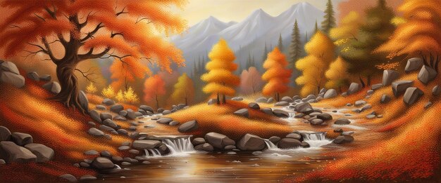 A landscape of yellowish trees and a mountain river with stones in the season of autumn generative