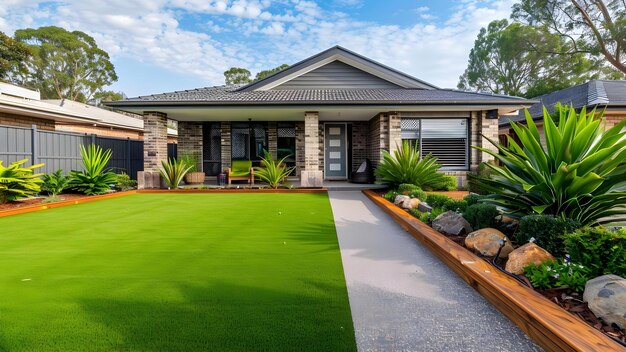 Photo landscaped australian home with artificial grass lawn and timber edging in front yard concept real estate home exterior landscaping artificial grass timber edging