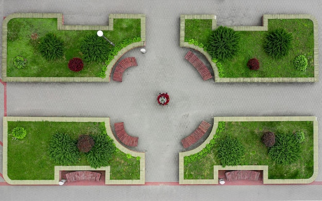 Landscaped city street with benches top view