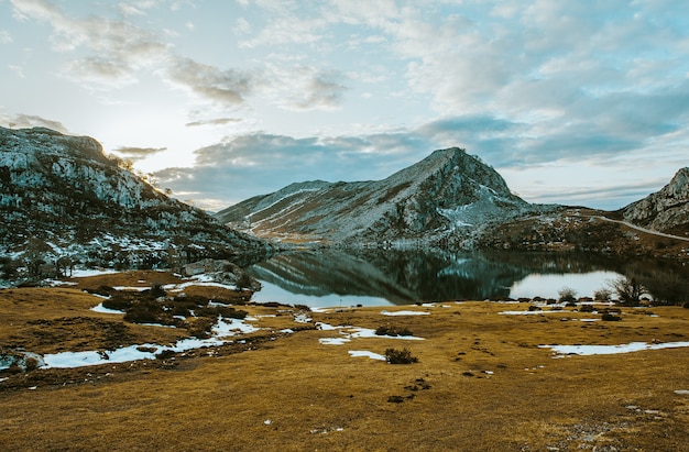 Landscaped shot of the snowy mountain range