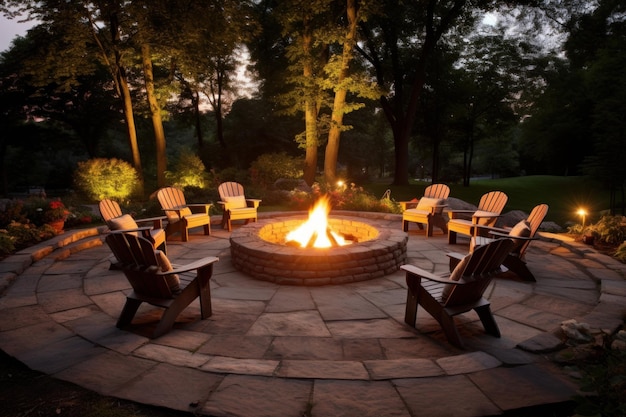 Photo a landscaped veranda with a brilliant brazier under the moonlit night an external platform exhibiting a fiery combustion as twilight descends generate ai