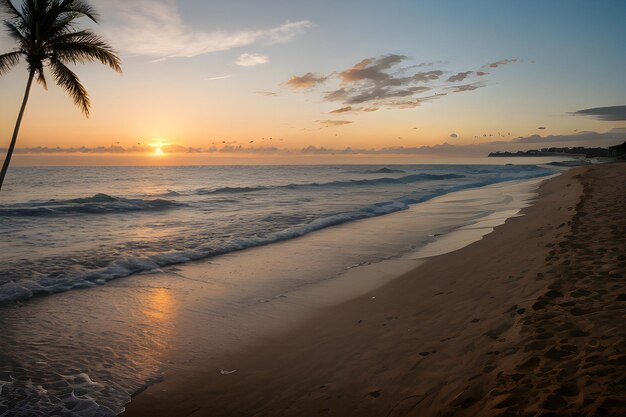 Пейзаж пляжа на закате с пальмой