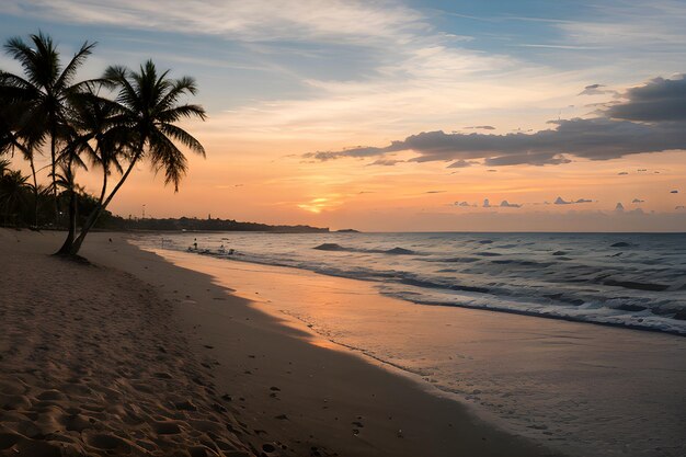 Photo landscapes a beach at sunset with a palm tree