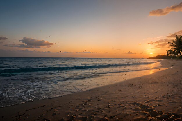 Landscapes a beach at sunset with a palm tree