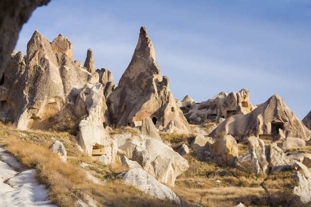 Foto paesaggi della cappadocia con rocce fantasiose, alberi e grotte