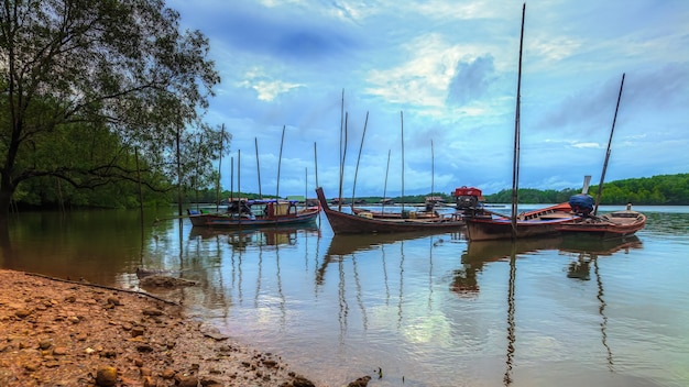 Landscapes Fishing boat parked in the mangrove forest near the fishing village