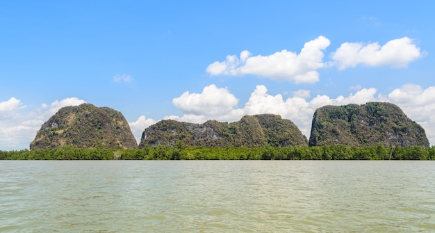 タイ、パンガー湾国立公園のマングローブ林のある石灰岩の島の風景