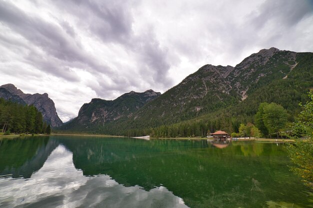 landscapes of mountains and lakes in the dolomitesitaly