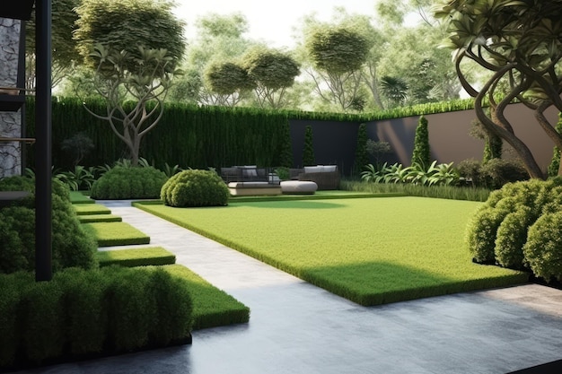 Landscaping in de tuin groene bomen en gazon generatieve ai