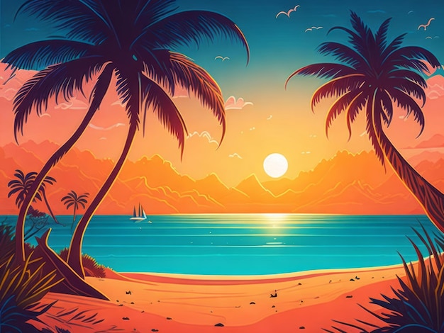 Landschap achtergrond zee en strand vectorillustratie lachende zon fantasie toon 's avonds