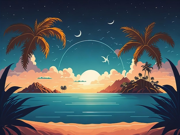 Landschap achtergrond zee en strand vectorillustratie lachende zon fantasie toon 's avonds