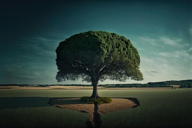 Landschap bestaande uit een enkele boom in het midden van een veld