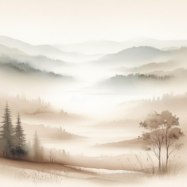 Landschap bomen en bergen in de mist Beige waterverf op wit papier Grunge achtergrond