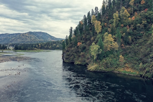 Landschap bovenaanzicht, rivier herfst bos drone, mooie reis