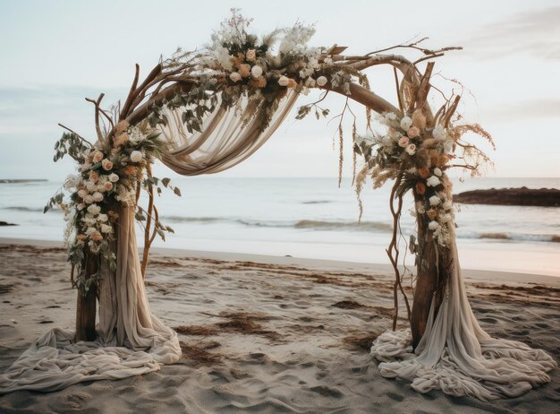 Landschap decoratieve houten boog voor bruiloft op het strand zee en hemel op de achtergrond AI