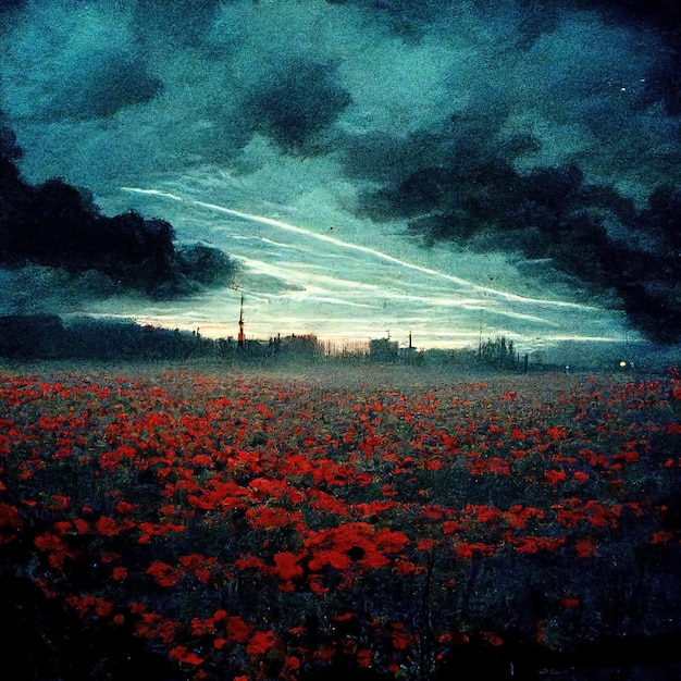 landschap digitaal tekening wijnoogst retro apocalyptisch tafereel rood bloem veld mistig blauwe lucht korrelig oud
