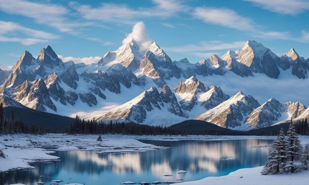 Landschap Een met sneeuw bedekte bergketen die majestueus torent ai generatief