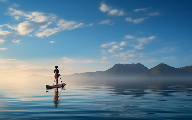 Landschap en zeegebied met een eenzame vrouw staan op paddle surfboard in de oceaan