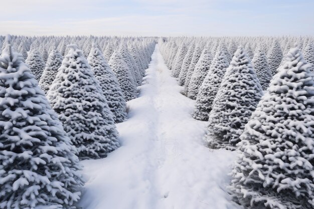 Landschap kerst dennenboerderij bedekt met witte sneeuw te midden van weelderige dennenbomen in het winterseizoen