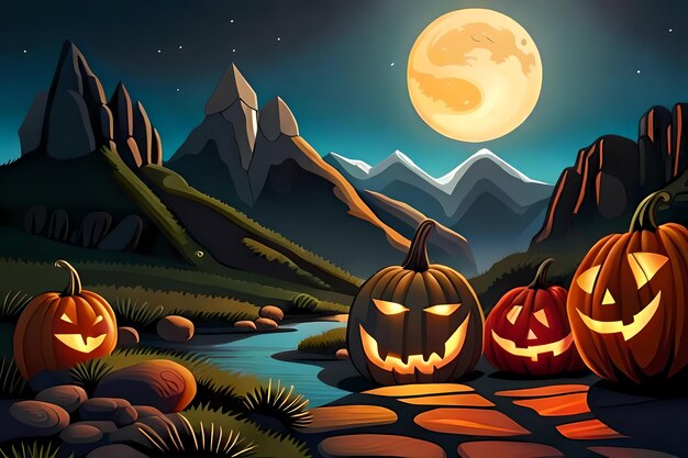 Landschap met angstaanjagende jackolanterns bij maanlicht Halloween nacht