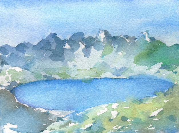 Landschap met bergen en meer. Met de hand geschilderd in aquarel.