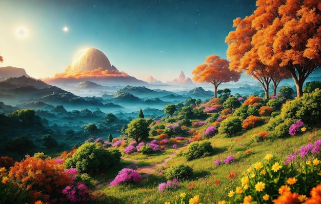 landschap met bergen en wolken zonsondergang over de bergen landschap met bloemen