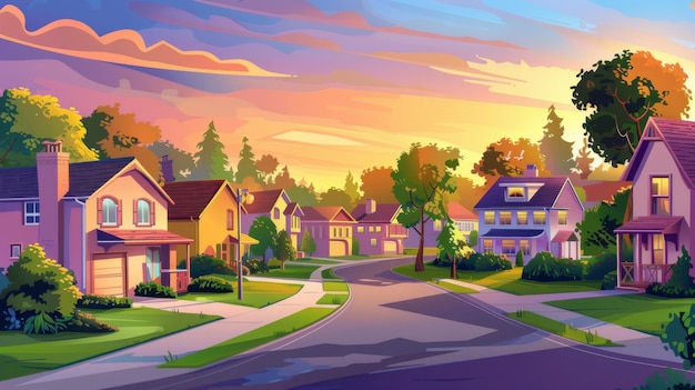 Landschap met bergen in de verte Cartoon modern stadsbeeld met landelijke huizen op de straat werven en bomen weg en oprit zonsopgang en zonsondergang voorstedelijk landschap