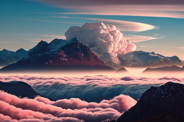 Landschap met bergen, wolken en lucht gemaakt met behulp van generatieve AI-technologie