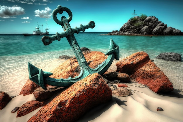 Foto landschap met een anker op het strand van een paradijselijk eiland generatieve ai