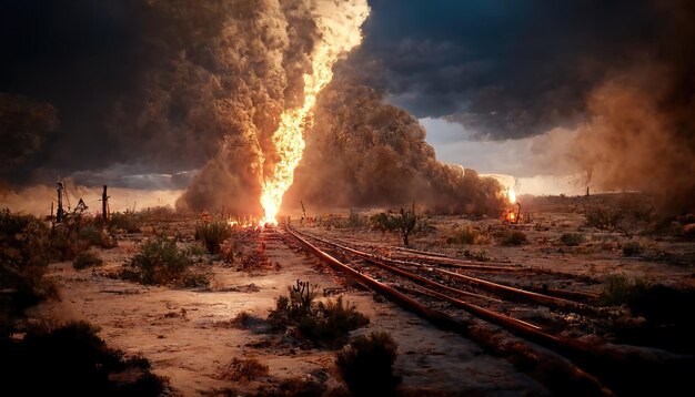 Landschap met een explosie op de spoorlijn Woestijnnacht