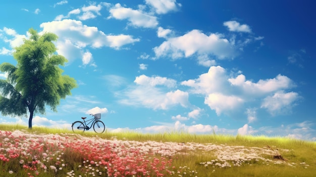 Landschap met een fiets op een bloemrijke weide tegen een blauwe lucht met wolken op een zonnige dag