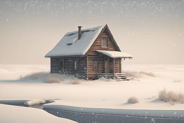 Landschap met een houten hut midden in de sneeuw Generatieve AI