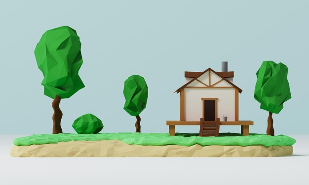 Landschap met een landelijk huis met bomen Zomerhuis onroerend goed concept banner 3D-modellering en visualisatie van een huis met gras 3D rendering illustratie