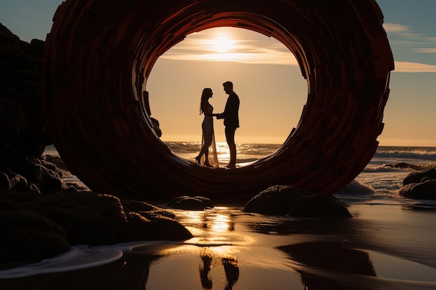 Foto landschap met een verliefd paar in een hoepel strand en zee generatieve ai