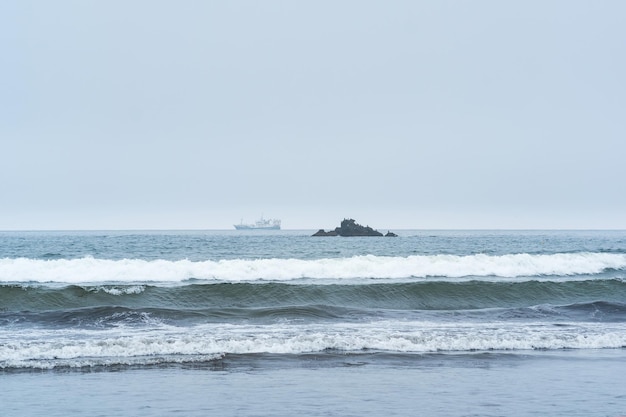 Landschap met een zeerots en een zeilschip in de verte