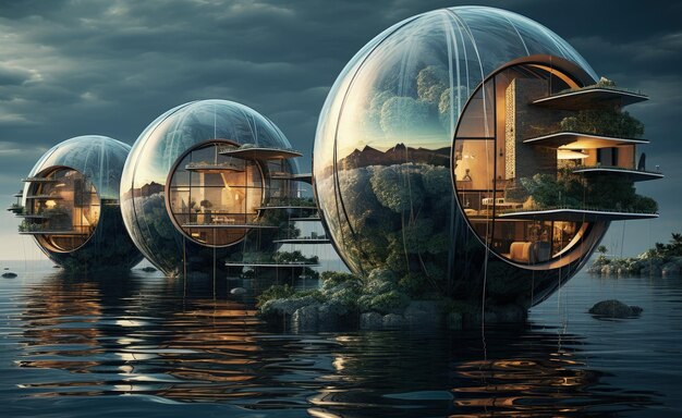 Foto landschap met futuristisch afgerond huis naast een meer concept van fictie en futurisme ai