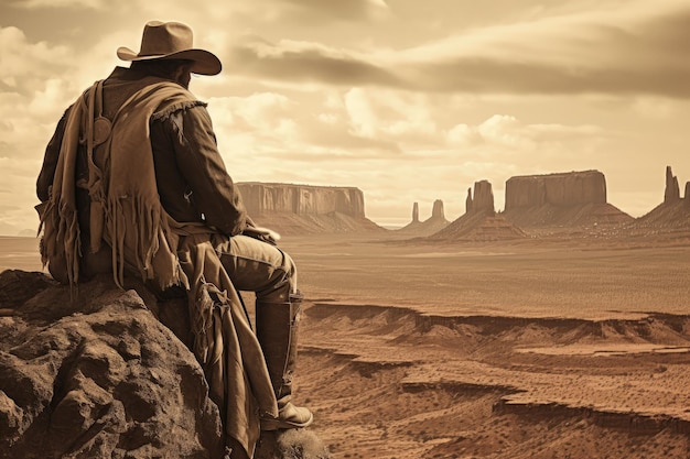 Foto landschap met gunslinger cowboy en canyons op de achtergrond wild westen generatieve ai