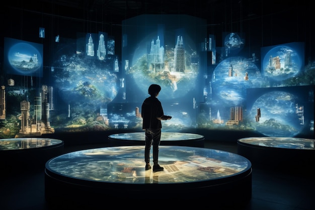 Landschap met holografische displays en interactieve interfaces die een wereld weergeven die wordt aangedreven door snijden