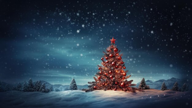 Landschap met kerstboom in het sneeuwconcept vakantie en festiviteiten Generatieve AI