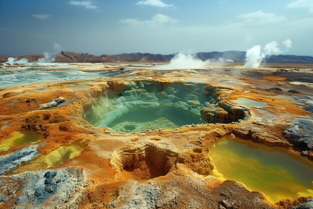 landschap met kleurrijke warmwaterbronnen in een vulkanisch gebied