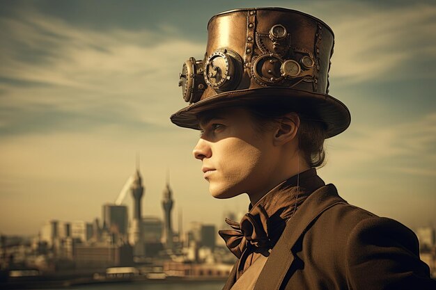 Landschap met man met hoed gekleed in steampunk stijl stad op de achtergrond Generatieve AI