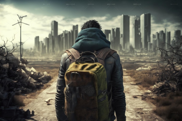 Landschap met man op zijn rug en verwoeste stad op de achtergrond post-apocalyptische scène AI